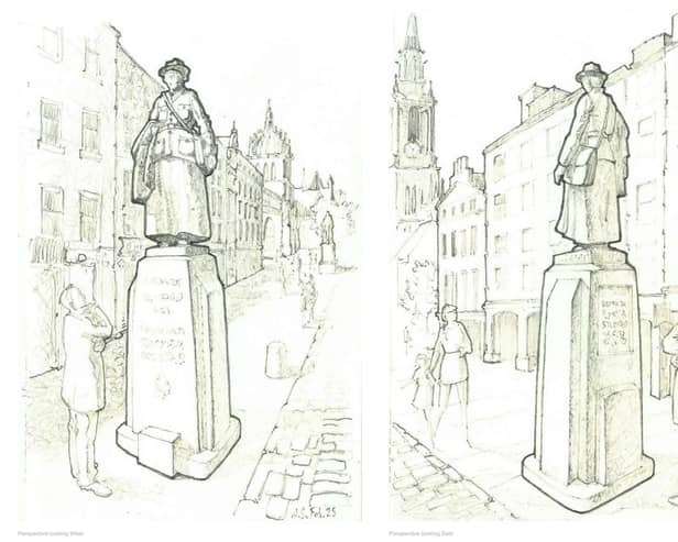 Artist's impressions showing two different views of the proposed statue of Dr Elsie Inglis on the Royal Mile