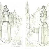 Artist's impressions showing two different views of the proposed statue of Dr Elsie Inglis on the Royal Mile