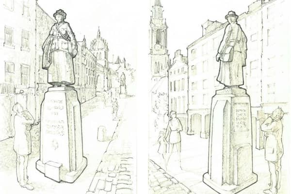 Artist's impressions showing two different views of the proposed statue of Dr Elsie Inglis on the Royal Mile