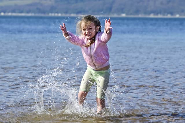 Freya Hughes, 4, from Paisley, on the beach at Lunderston Bay beach this week as Scotland basks in a stretch of good spring weather