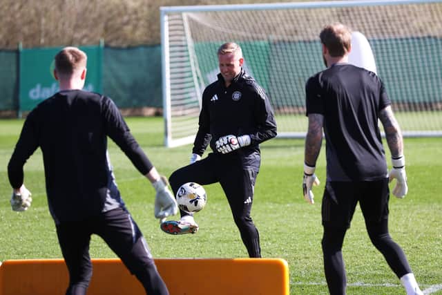 Kasper Schmeichel during a Celtic training session at Lennoxtown Training Centre on Friday. (Photo by Craig Williamson / SNS Group)