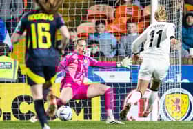 Germany's Lea Schuller (R) scores to make it 4-0 against Scotland at Tannadice.
