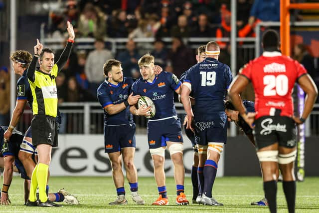 Edinburgh's Freddy Douglas is congratulated by Wes Goosen after winning an important turnover in the EPCR Challenge Cup round of 16 win over Emirates Lions.