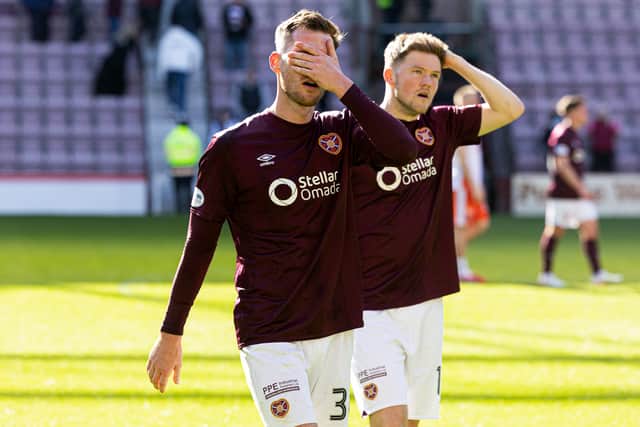 Hearts' Jamie McCart (L) and Blair Spittal look dejected at full time after the 1-0 defeat to Dundee United at Tynecastle. (Photo by Mark Scates / SNS Group)