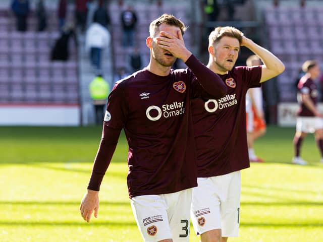 Hearts' Jamie McCart (L) and Blair Spittal look dejected at full time after the 1-0 defeat to Dundee United at Tynecastle. (Photo by Mark Scates / SNS Group)