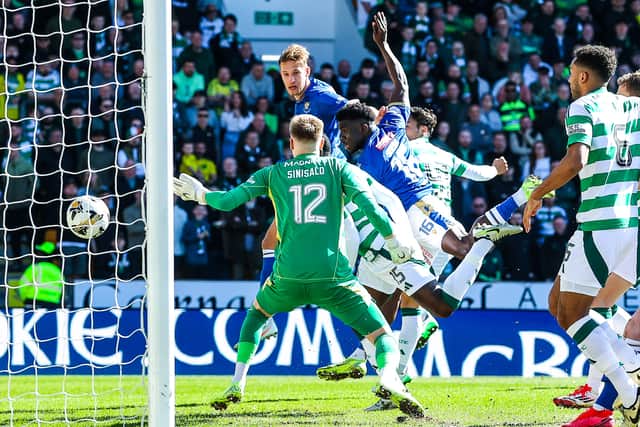 St Johnstone's Daniels Balodis (centre) scores to secure a 1-0 win over Celtic at McDiarmid Park. (Photo by Craig Williamson / SNS Group)