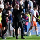 Dundee United manager Jim Goodwin applauds the travelling fans at full-time after the 1-0 win over Hearts at Tynecastle. (Photo by Ross Parker / SNS Group)