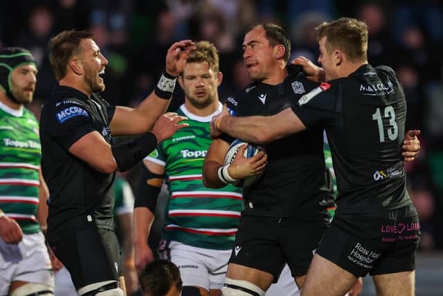 Glasgow Warriors' Henco Venter (C) celebrates with Matt Fagerson (L) and Stafford McDowall (R) after scoring a first half try against Leicester Tigers. (Photo by Ewan Bootman / SNS Group)