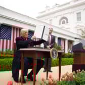 Donald Trump displays an executive order imposing tariffs on imported goods during his 'Make America Wealthy Again' trade announcement at the White House (Picture:  Andrew Harnik)
