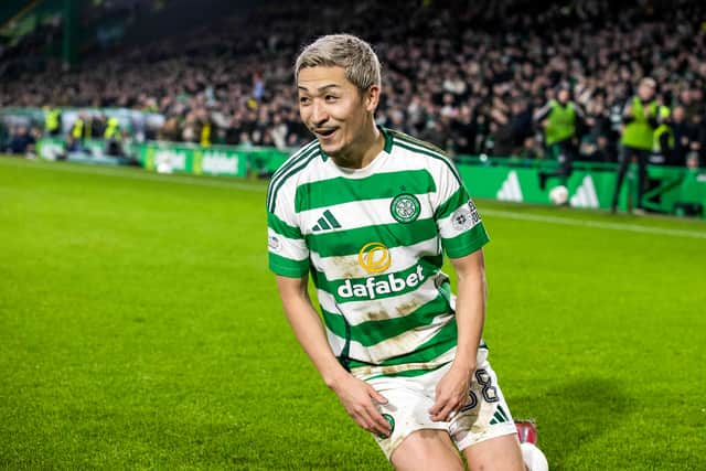 Daizen Maeda celebrates a his goal for Celtic against Kilmarnock earlier in the season.