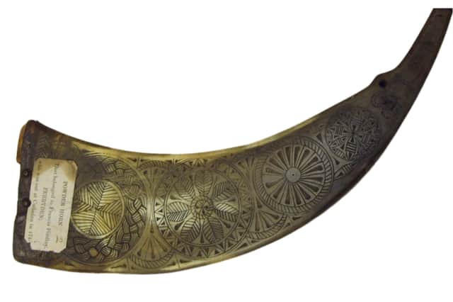 A flat gunpowder horn said to have been used at Culloden by Jacobite Francis Findlay, of Ferryden. PIC: AngusAlive 
