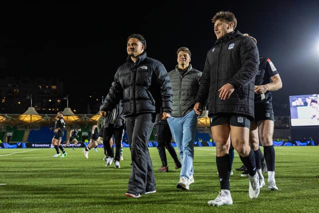 Sione Tuipulotu, left, Huw Jones, centre, and Tom Jordan after Glasgow Warriors' win over Leicester Tigers.