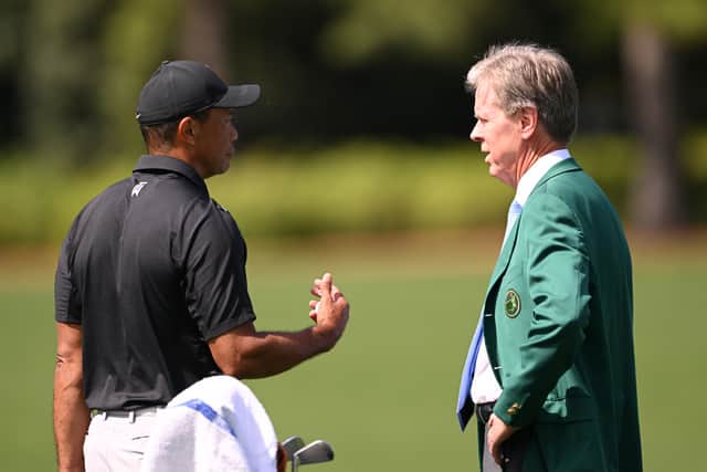 Tiger Woods speaks to Fred Ridley, Chairman of Augusta National Golf Club, prior to the 2023 Masters