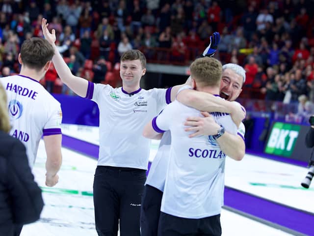 Team Scotland celebrate their win in the 2025 World Men's Curling Championship at the Events Centre on April 6, 2025 in Moose Jaw, Canada. (Photo by Anil Mungal/British Curling)