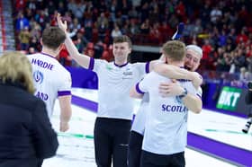 Team Scotland celebrate their win in the 2025 World Men's Curling Championship at the Events Centre on April 6, 2025 in Moose Jaw, Canada. (Photo by Anil Mungal/British Curling)
