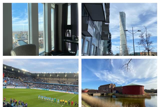 The hotel view from Clarion Hotel Malmö Live, Turning Torso, football match at Eleda Stadium and Malmö Castle. (Photos: Isabella Boneham)