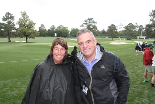 Ian Taylor’s wife Lorraine and Paul McGinley pictured during the short time they were on the course on Monday