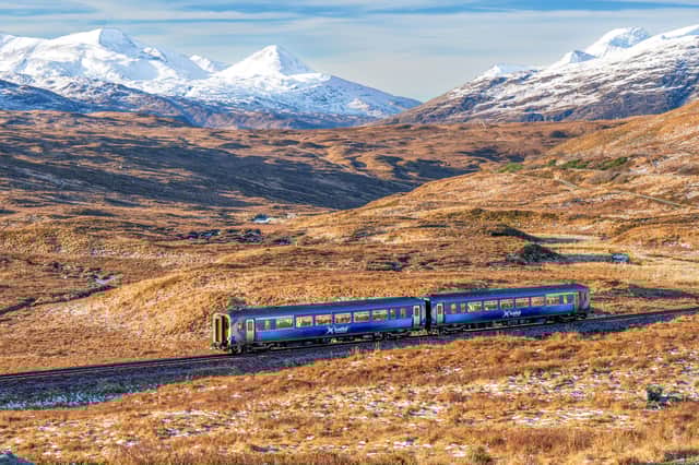 A ScotRail train on the Glasgow William-Fort William line north of Corrour