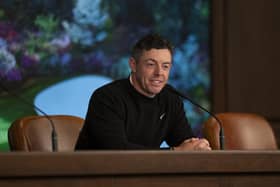 Rory McIlroy speaks to members of the media in a pre-event press conference prior to The Masters at Augusta National Golf Club on Tuesday