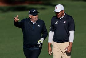 Angel Cabrera, left, chats to  Jhonattan Vegas during a practice round prior to the 2025 Masters Tournament at Augusta National Golf Club 