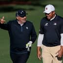 Angel Cabrera, left, chats to  Jhonattan Vegas during a practice round prior to the 2025 Masters Tournament at Augusta National Golf Club 