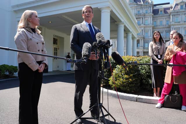 US Treasury Secretary Scott Bessent speaks to reporters outside the West Wing of the White House with Press Secretary Karoline Leavitt