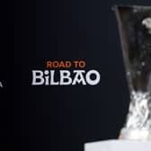 The Europa League trophy on display at the House of European Football in Nyon. (Photo by VALENTIN FLAURAUD/AFP via Getty Images)          