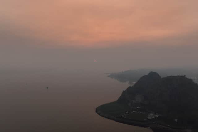 An aerial view as smoke from wildfires is seen over Dumbarton Castle. Picture: Jeff J Mitchell/Getty Images