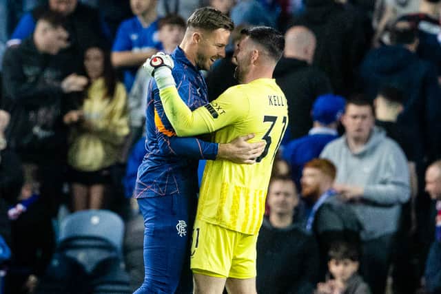 Rangers goalkeeper Liam Kelly (R) and Jack Butland at full time after the 0-0 draw with Athletic Bilbao. (Photo by Alan Harvey / SNS Group)
