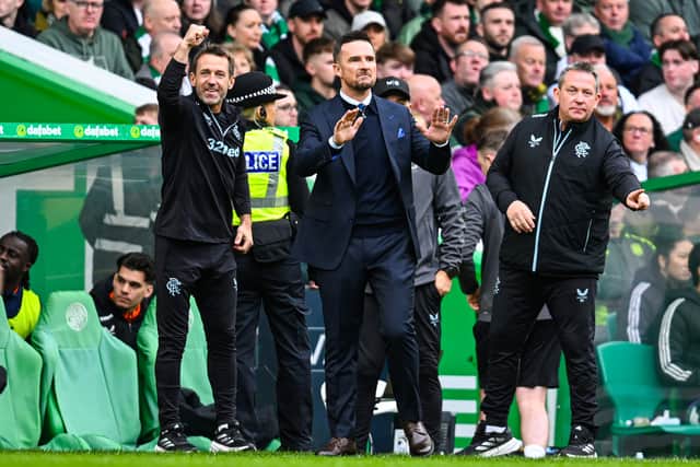 The Rangers coaching staff celebrate Hamza Igamane's late winner against Celtic last month.