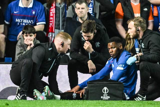 Rangers' Dujon Sterling is treated for an injury during the Europa League Quarter-Final match against Athletic Bilbao at Ibrox. (Photo by Rob Casey / SNS Group)