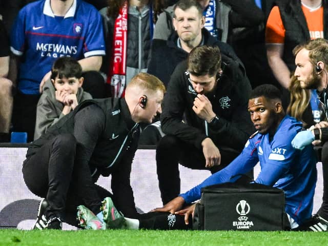 Rangers' Dujon Sterling is treated for an injury during the Europa League Quarter-Final match against Athletic Bilbao at Ibrox. (Photo by Rob Casey / SNS Group)