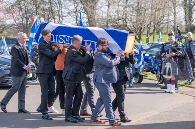 Keith Brown MSP, centre, carries the coffin at the funeral of his partner and Scottish Government minister Christina McKelvie at Daldowie crematorium in Glasgow