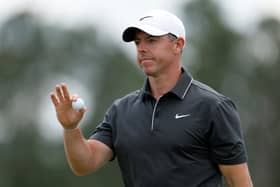 Rory McIlroy reacts at the end of his second round  in the 89th Masters Tournament at Augusta National Golf Club 