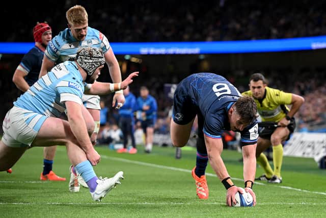 Dan Sheehan scores Leinster's seventh try of eight in the 52-0 win over Glasgow Warriors.