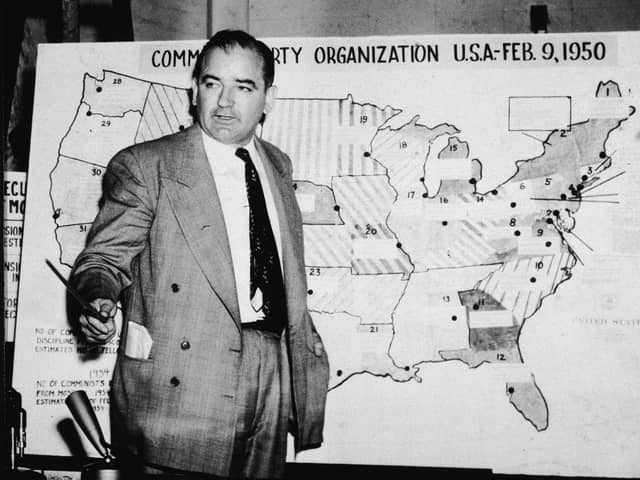 Joe McCarthy uses a map showing alleged communist activity in the US during a 1954 hearing in Washington