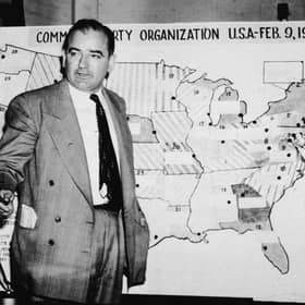 Joe McCarthy uses a map showing alleged communist activity in the US during a 1954 hearing in Washington