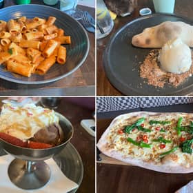 Prezzo's Easter menu, which includes, clockwise from top left: pasta alla vodka; Creme Egg calzone, Tuscan sausage and broccoli pizza; a children's sundae