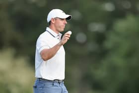 Rory McIlroy reacts after making an eagle on the 15th hole during the third round of the 2025 Masters Tournament at Augusta National Golf Club 