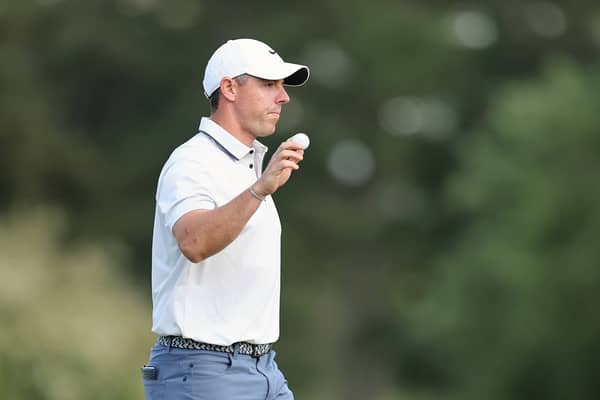 Rory McIlroy reacts after making an eagle on the 15th hole during the third round of the 2025 Masters Tournament at Augusta National Golf Club 