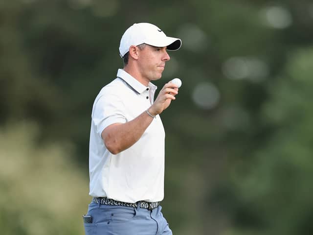 Rory McIlroy reacts after making an eagle on the 15th hole during the third round of the 2025 Masters Tournament at Augusta National Golf Club 