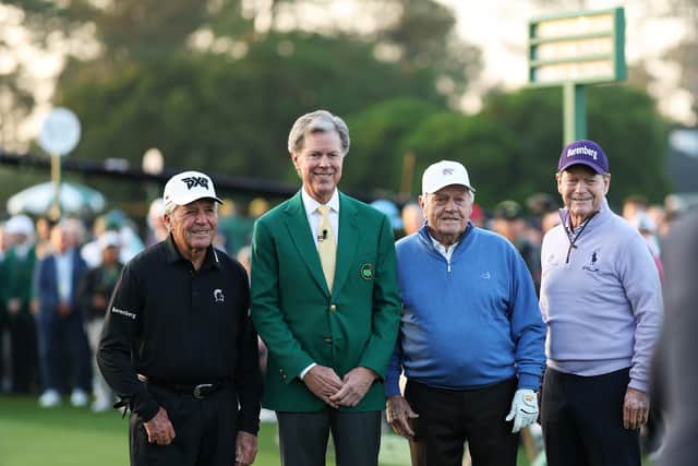 Honorary Starters Gary Player, Jack Nicklaus and Tom Watson with Masters and Augusta National chairman Fred Ridley
