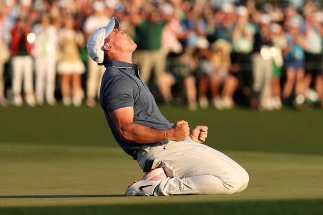 Rory McIlroy of Northern Ireland celebrates winning the 2025 Masters Tournament