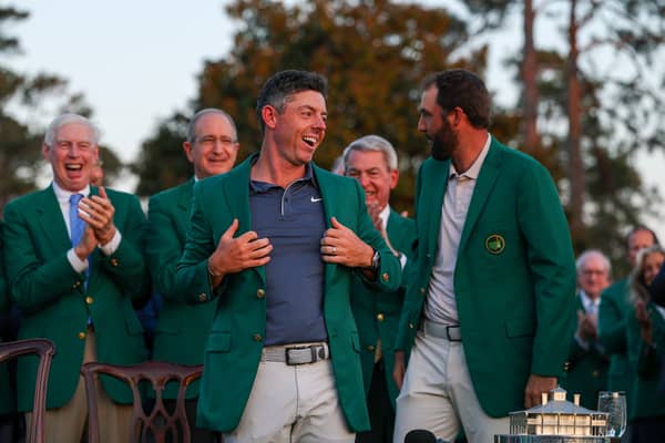 Rory McIlroy pictured after being presented with his Green Jacket by 2024 winner Scottie Scheffler at Augusta National Golf Club 