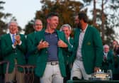 Rory McIlroy pictured after being presented with his Green Jacket by 2024 winner Scottie Scheffler at Augusta National Golf Club 
