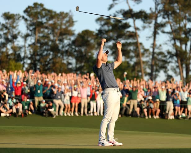 Rory McIlroy celebrates winning the 2025 Masters Tournament after a play-off with Justin Rose 