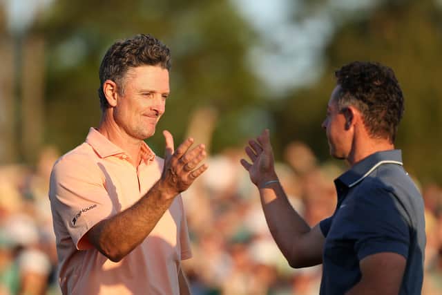Rory McIlroy and Justin Rose shake hands after their play-off in the 89th Masters 