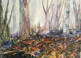 In Annie Broadley's painting 'Roots', bluebells grow in a woodland ravaged by a gale that broke branches, felled trees and wrenched roots from the ground
