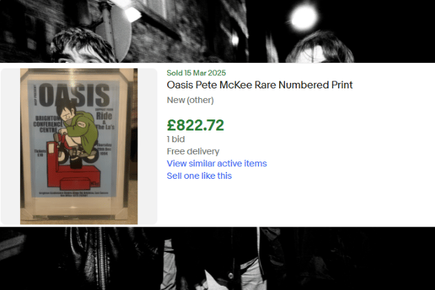 Concert posters still fetch strong amounts online, with this numbered print by Pete McKee for one of Oasis' early shows netting nearly £900 on eBay.