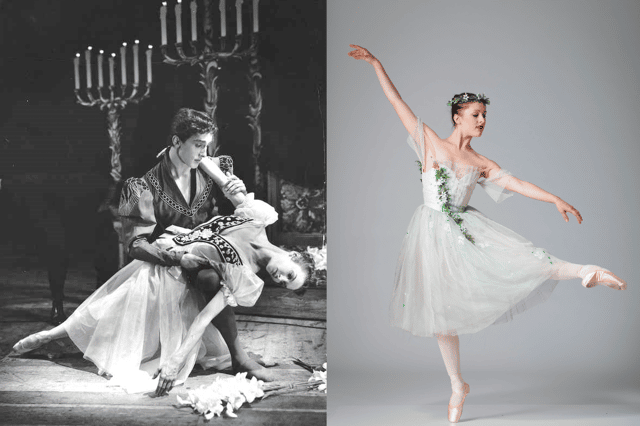 Mona Vangsaae as Juliet with Henning Kronstam as Romeo, in Edinburgh in 1955 and Tara Schaufuss, her grandaughter, who will dance the role in 2025 at the Fringe.